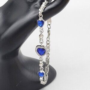 Heart Shaped Blue Crystal & Rhinestone Silver Tone Link Bracelet Lobster Clasp